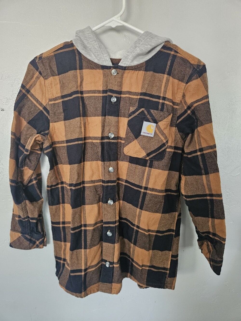 Carhartt Kids Large 14/16 Tank Black Plaid Hooded Flannel Shirt Button Up Boys